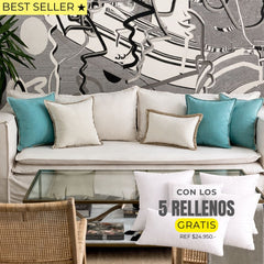 5 FUNDAS PREMIUM LINO YUTE Y PESTAÑA MENTA + RELLENOS - Mandir Home