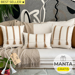 SET 3 FUNDAS DE COJÍN ALHAMBRA YUTE + CUENTA DE MADERA + MANTA DE REGALO