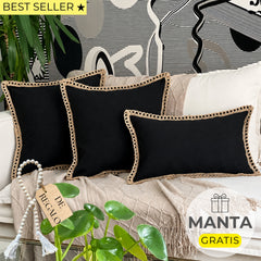 SET 3 FUNDAS DE COJÍN NEGRO LINO YUTE + MANTA DE REGALO