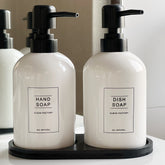 Set dispensador jabón y lavalozas + bandeja negra de madera