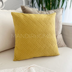 Funda Cojín Terciopelo Costuras Trenza Amarillo Mostaza Cuadrada