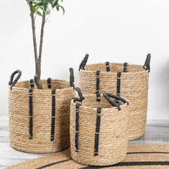 *Set 3 Canastos Redondo Yute Natural y Negro S, M y L.