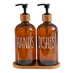 Set dispensador jabón y lavalozas ámbar + bandeja