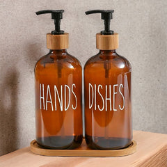 Set dispensador jabón y lavalozas ámbar + bandeja