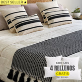 Set piecera negra borlas 210x70 + 4 cojines Marsella con rellenos gratis