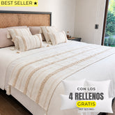 Set piecera líneal boho cruda 210x70 + 4 cojines con rellenos gratis