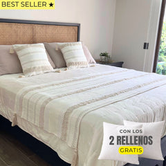 Set piecera líneal boho cruda 210x70 + 2 fundas de cojín 45x45 + rellenos gratis