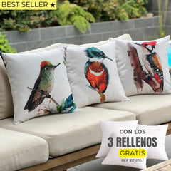 3 FUNDAS ESTAMPADAS - AVES DEL BOSQUE + RELLENOS