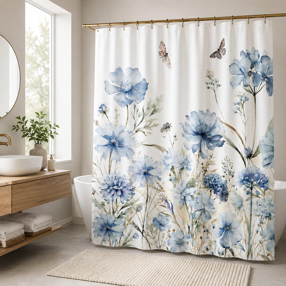 Cortina de ducha hortensias azules antihumedad con superficie impermeable