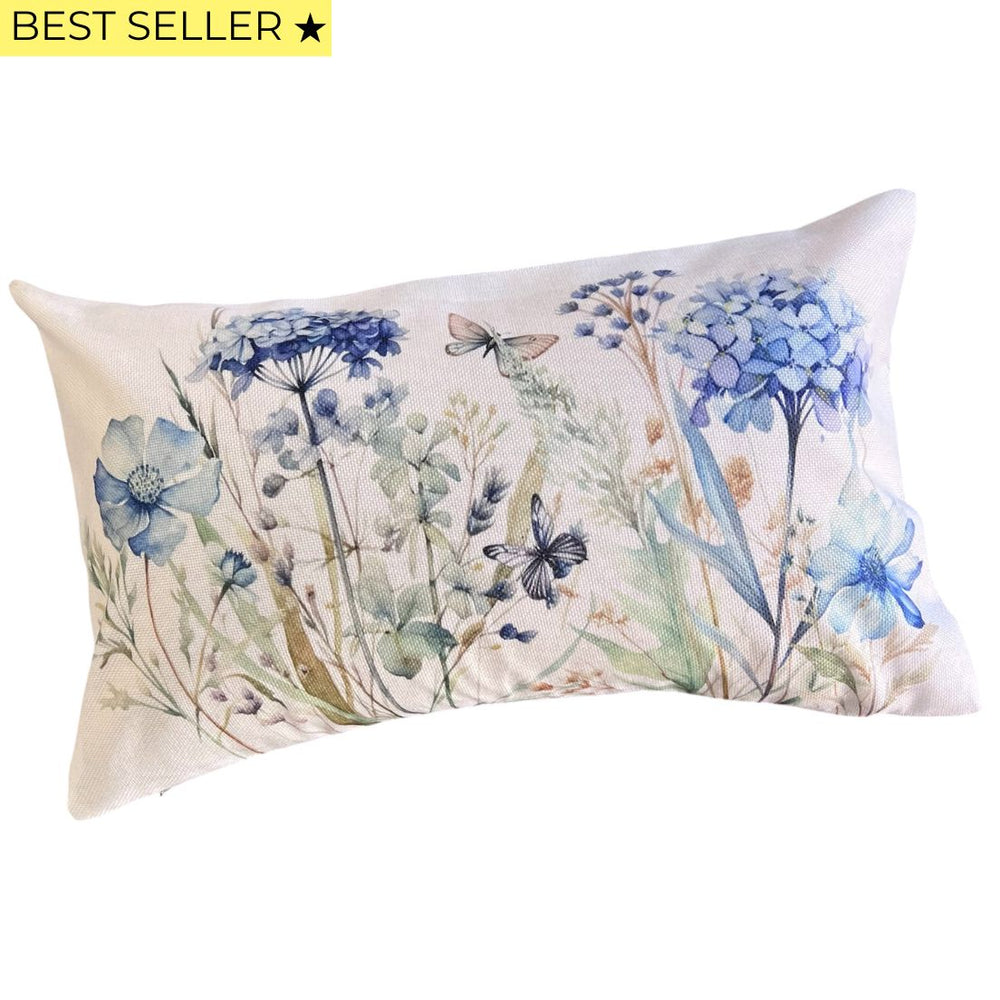 Funda de cojín con estampado de hortensias azules estilo clásico elegante