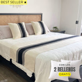 Set piecera trama negro franja 210x70 + 2 fundas de cojín 50x50 + rellenos gratis