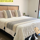 Set piecera trama negro tejida con borlas 210x70cm + 2 fundas cojín 50x50cm + cuenta decorativa gratis