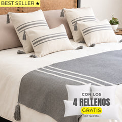 Set piecera marsella gris 210x70 + 4 fundas de cojín + rellenos gratis - Mandir Home