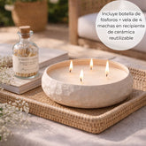 Vela grande artesanal decorativa 4 mechas 18x5 cm + Botella fósforos de regalo
