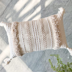 Funda de Cojín Boho Crudo Aplicaciones Líneas Borlas Rectangular