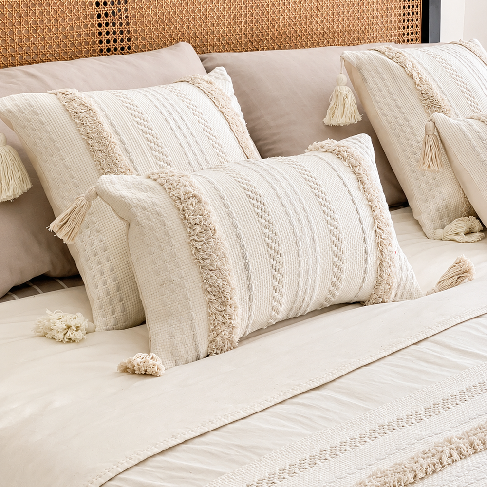 Set piecera líneal boho cruda 210x70 + 4 cojines con rellenos gratis - Mandir Home
