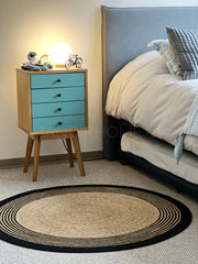 Alfombra Redonda Yute Negra Círculos Dobles 120cms diámetro