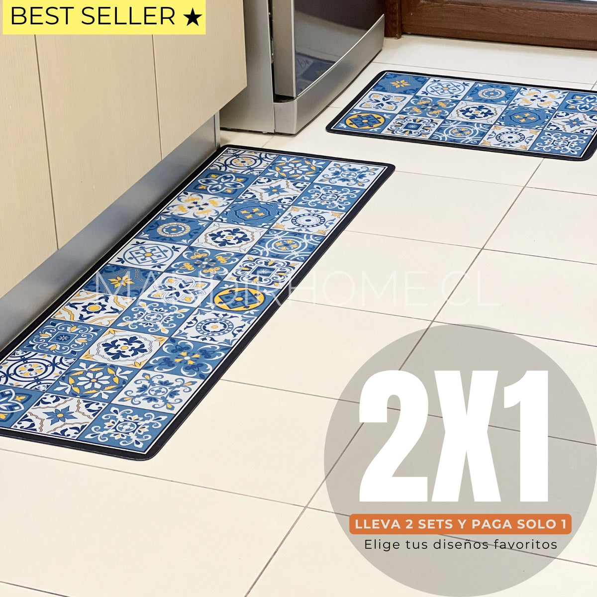 Set Alfombras de Cocina Marina Azul Antideslizante y Absorbente | Anticharcos y Lavables