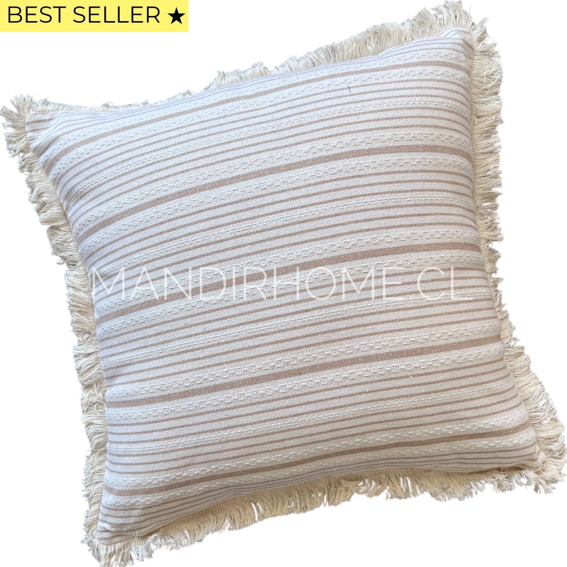 Funda de Cojín Natural Lino Listado Fleco Beige 45x45cms