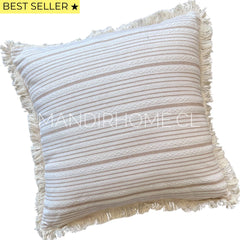 Funda de Cojín Natural Lino Listado Fleco Beige 45x45cms
