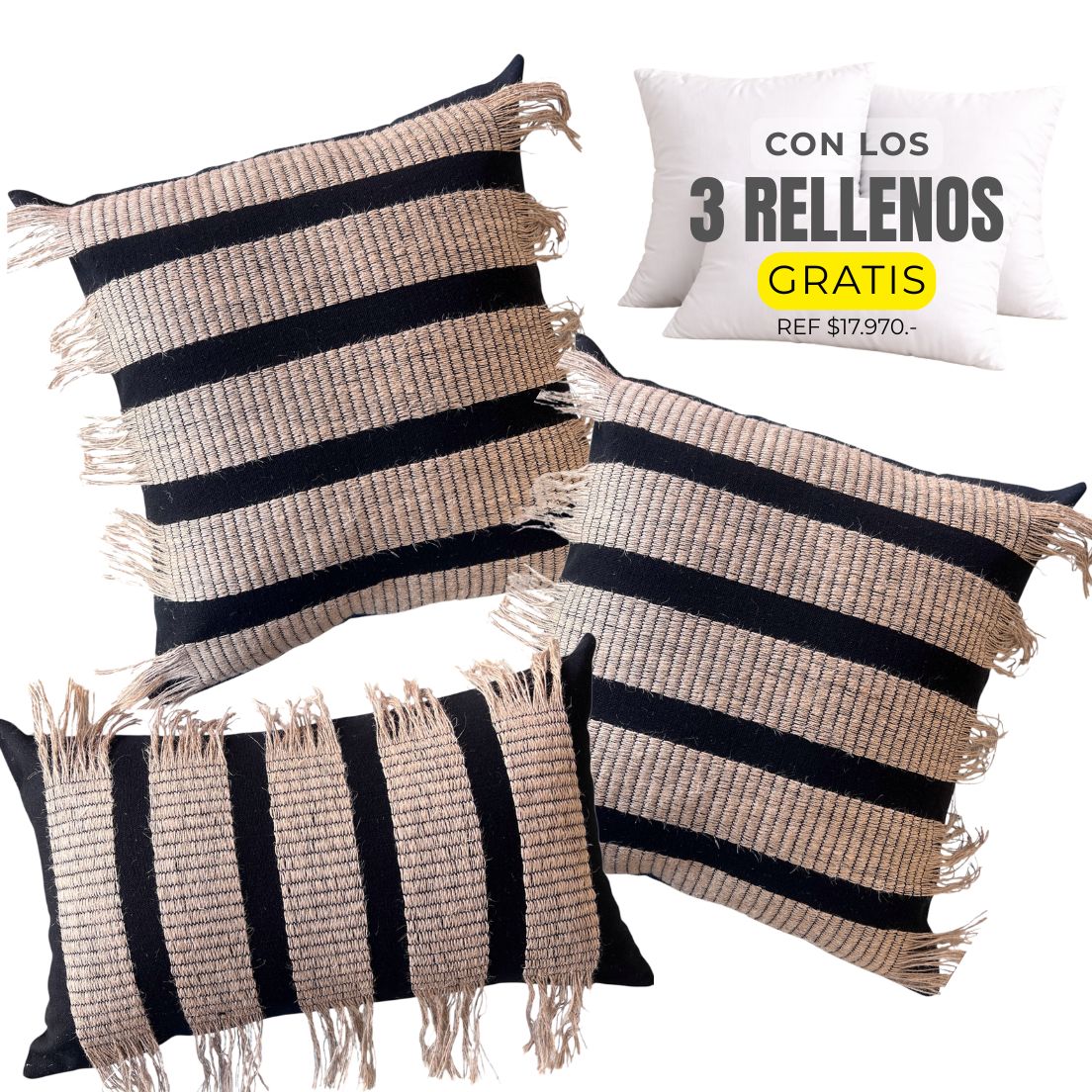 3 FUNDAS FRANJA NEGRO Y YUTE + RELLENOS