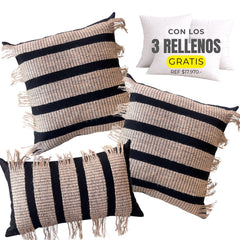 3 FUNDAS FRANJA NEGRO Y YUTE + RELLENOS