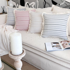 Funda de Cojín Natural Lino Listado Fleco Beige 45x45cms