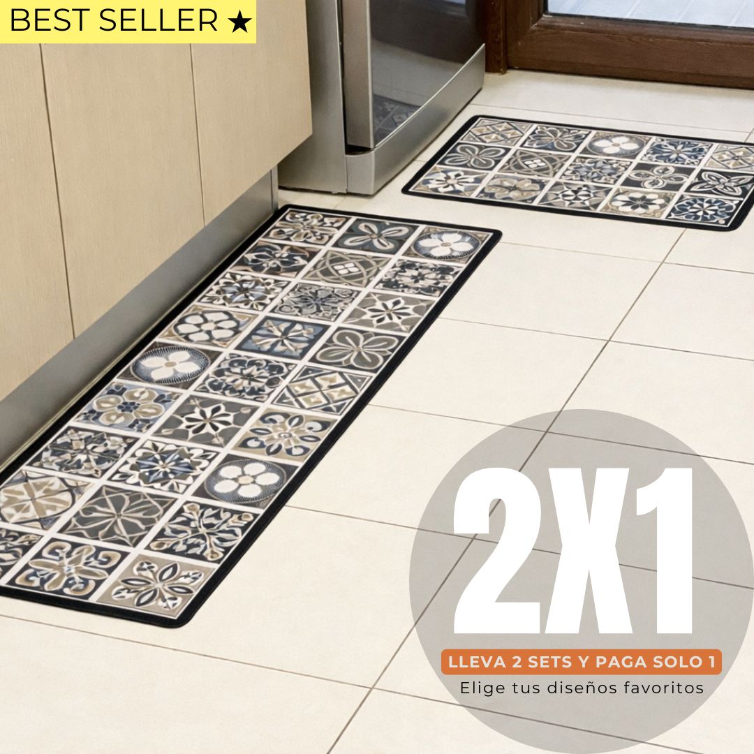 Set Alfombras de Cocina Mosaico Beige Antideslizante y Absorbente | Anticharcos y Lavables