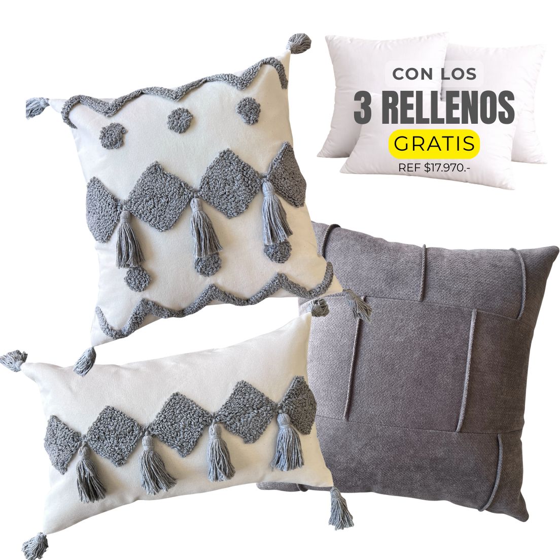 3 FUNDAS TRIBU GRIS + RELLENOS