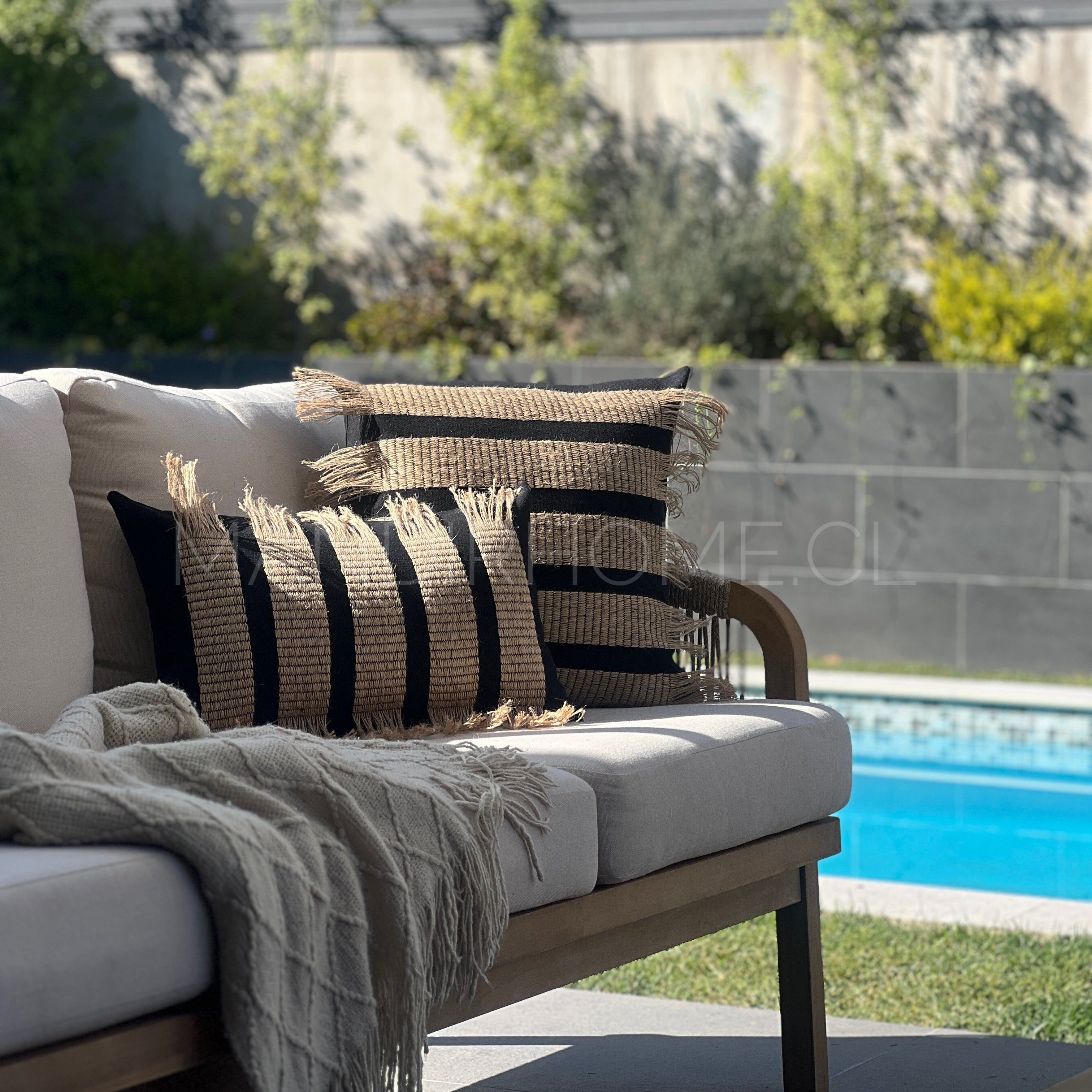 Funda Bohemia Franja Negro y Yute Rectangular