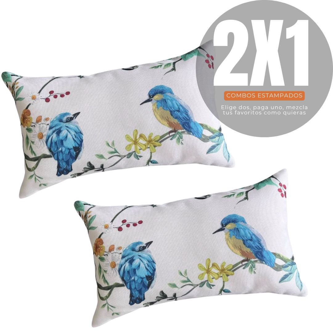 2X1 COMBOS ESTAMPADOS COLIBRÍ PAREJA PAJARITOS 50×30cms