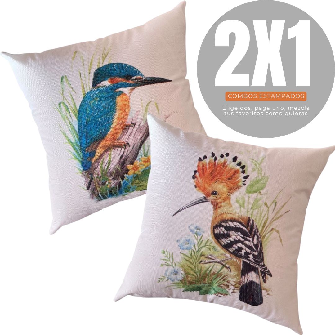 2X1 COMBOS ESTAMPADOS COLIBRÍ BOTÁNICOS AVES 45×45cms