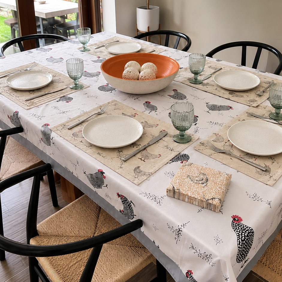 Pack Mesa Lista Gallinas · Mantel + 6 Individuales + 20 Servilletas GRATIS