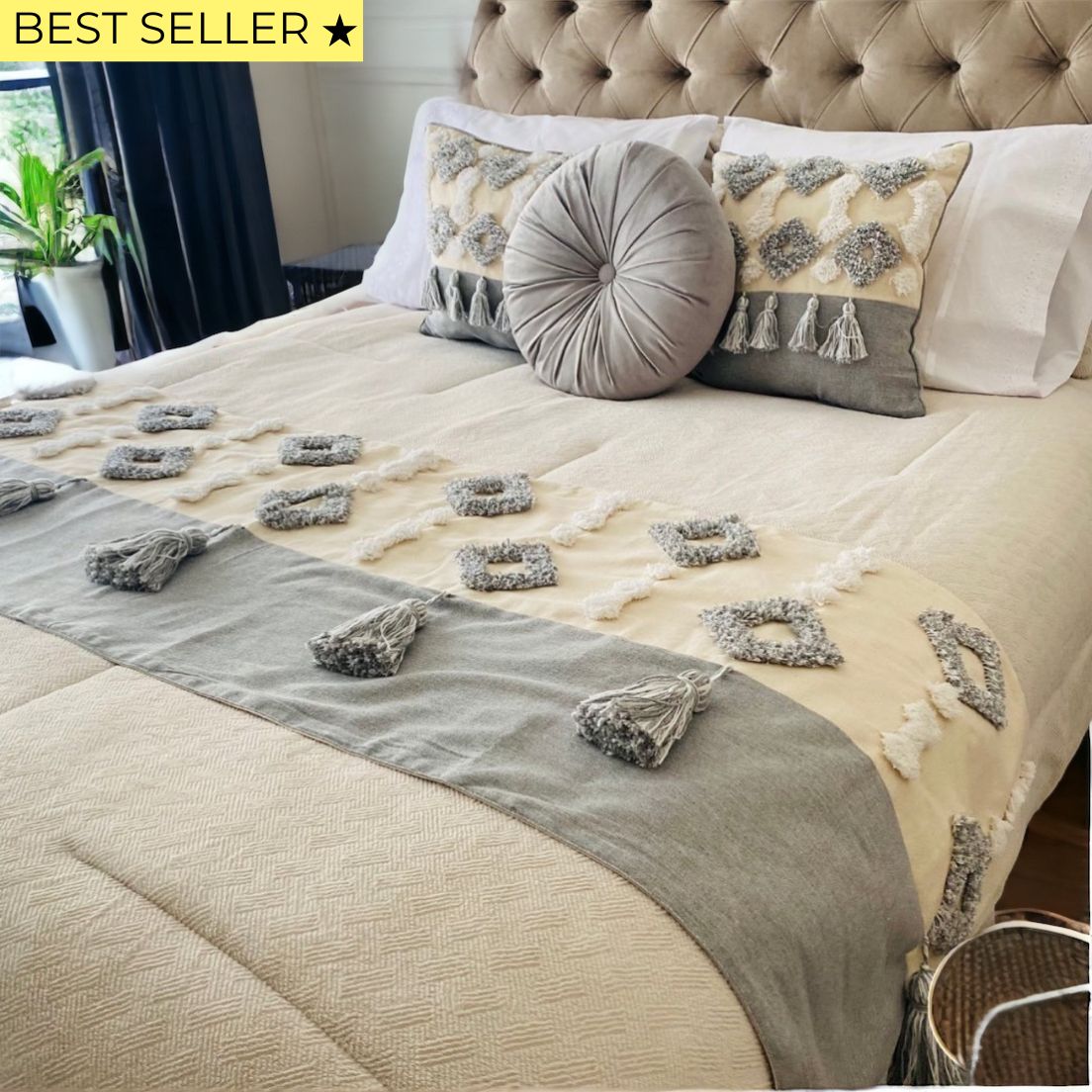 Set Piecera Boho Gris Borla 210x60cms + 2 Fundas Cojín y 45x45cms