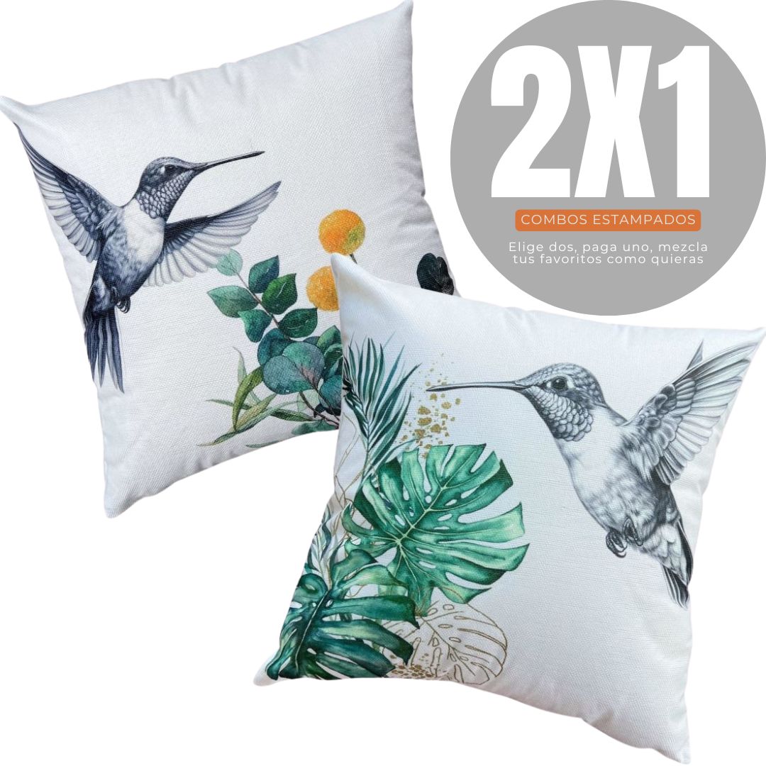 2X1 COMBOS ESTAMPADOS COLIBRÍ GRAFITO 45×45cms