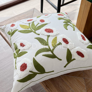 Funda de Cojín Bordada Flores Blancas y Terracota 45x45cms
