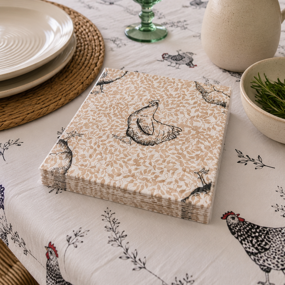 Pack Mesa Lista Gallinas · Mantel + 6 Individuales + 20 Servilletas GRATIS