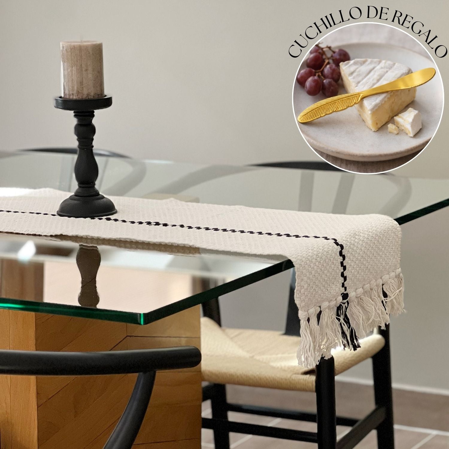 Camino de Mesa Trama Negro 210x35cms + Cuchillo Cóctel de Regalo