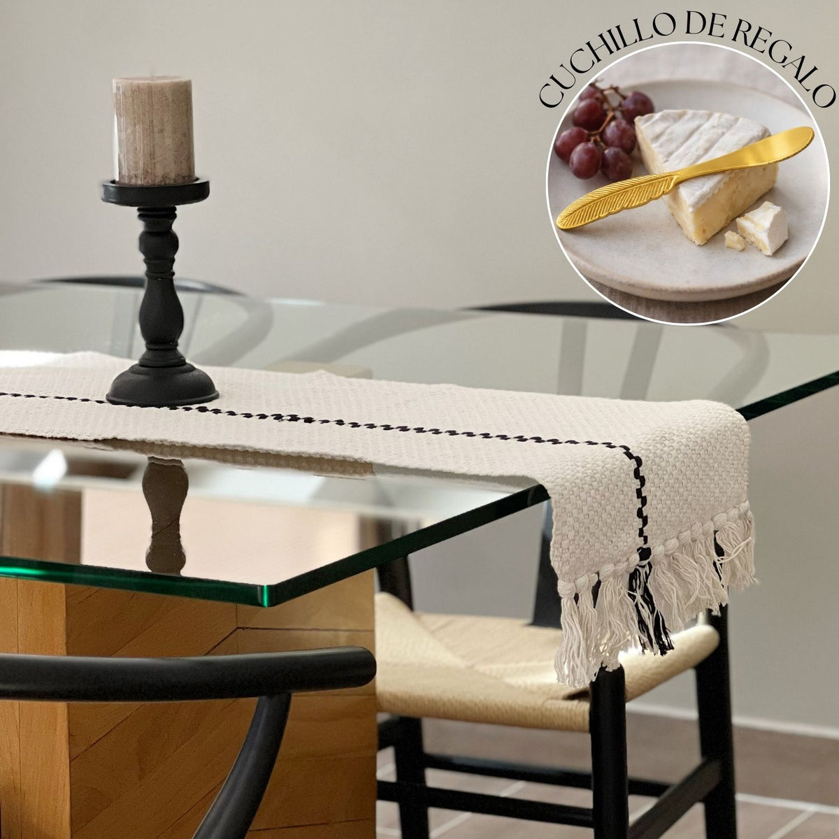 Camino de Mesa Trama Negro 210x35cms + Cuchillo Cóctel de Regalo