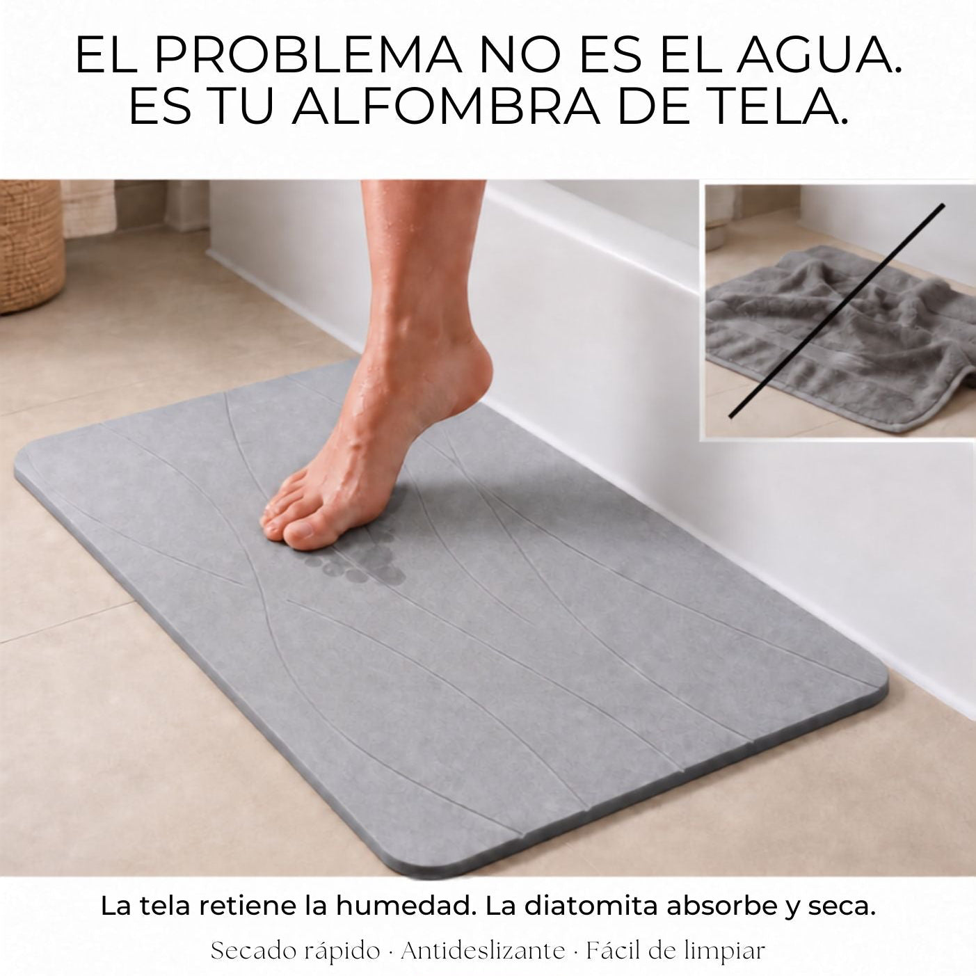 2x1 Alfombra de baño de diatomita Gris Olas secado rápido 60x40 cm | Antibacterial y original