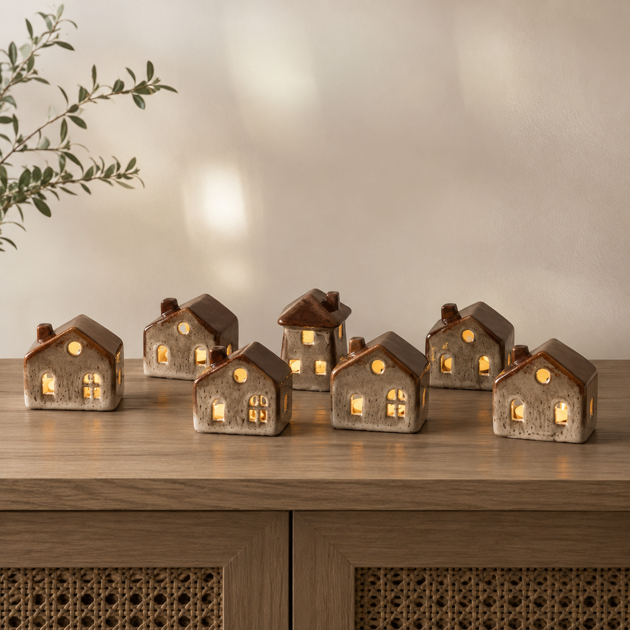 Set de 8 Casitas de Cerámica con Luz LED (Compra 6 y recibe 2 de regalo)