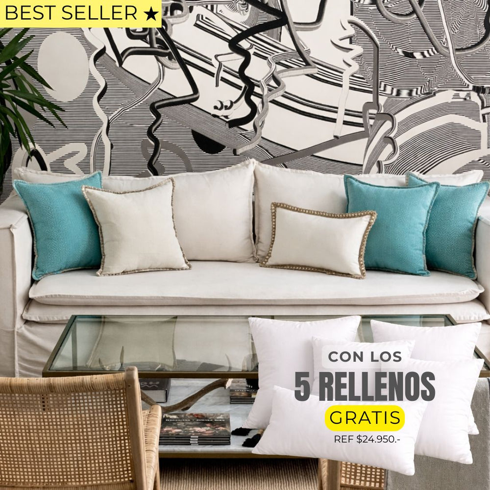 5 FUNDAS PREMIUM LINO YUTE Y PESTAÑA MENTA + RELLENOS - Mandir Home