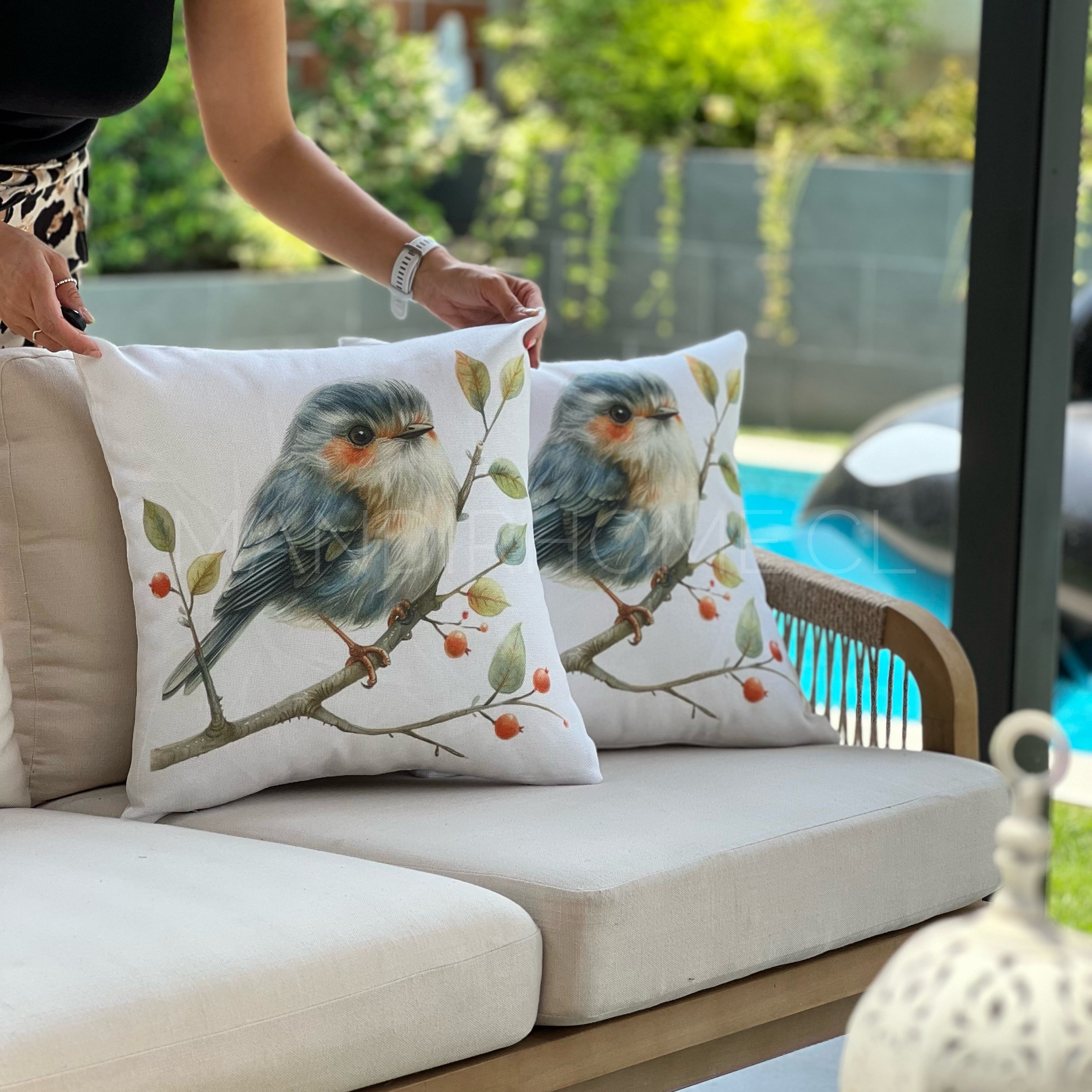Fundas de Cojín Estampadas Petirrojo Azul Interior y Exterior | Mandir Home