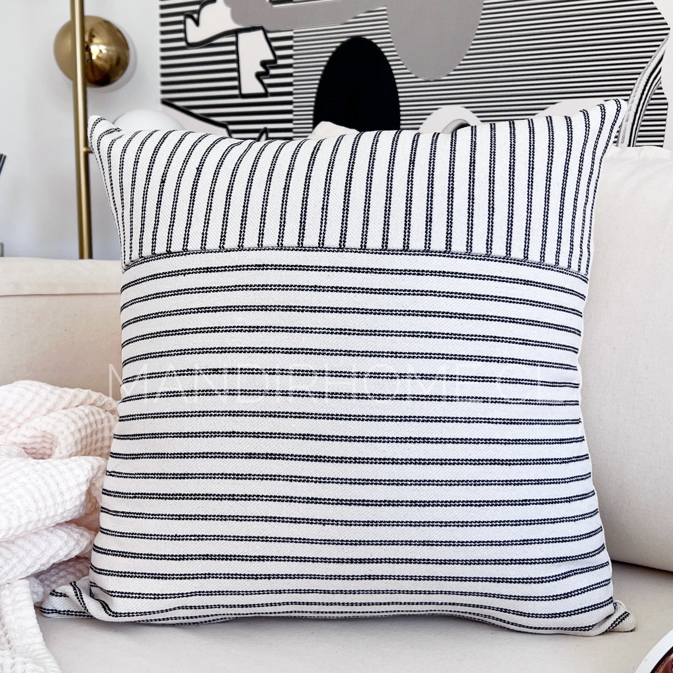 Funda de Cojín Natural Lino Listado Liso Negro 45x45cms