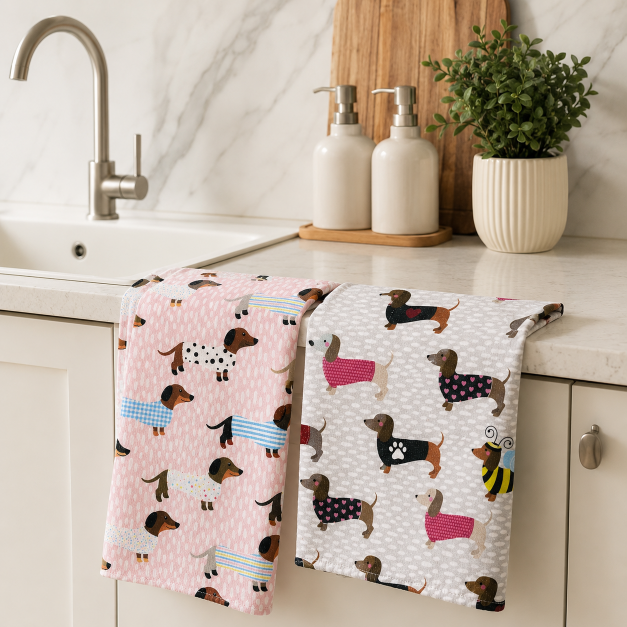 Set 2 Paños Cocina Perritos Rosado y Gris