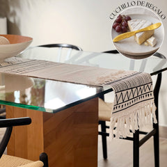Camino de Mesa Boho Crudo y Negro 180x35cms + Cuchillo Cóctel De Regalo