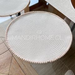 Individual Redondo Tela Pompones Crudo