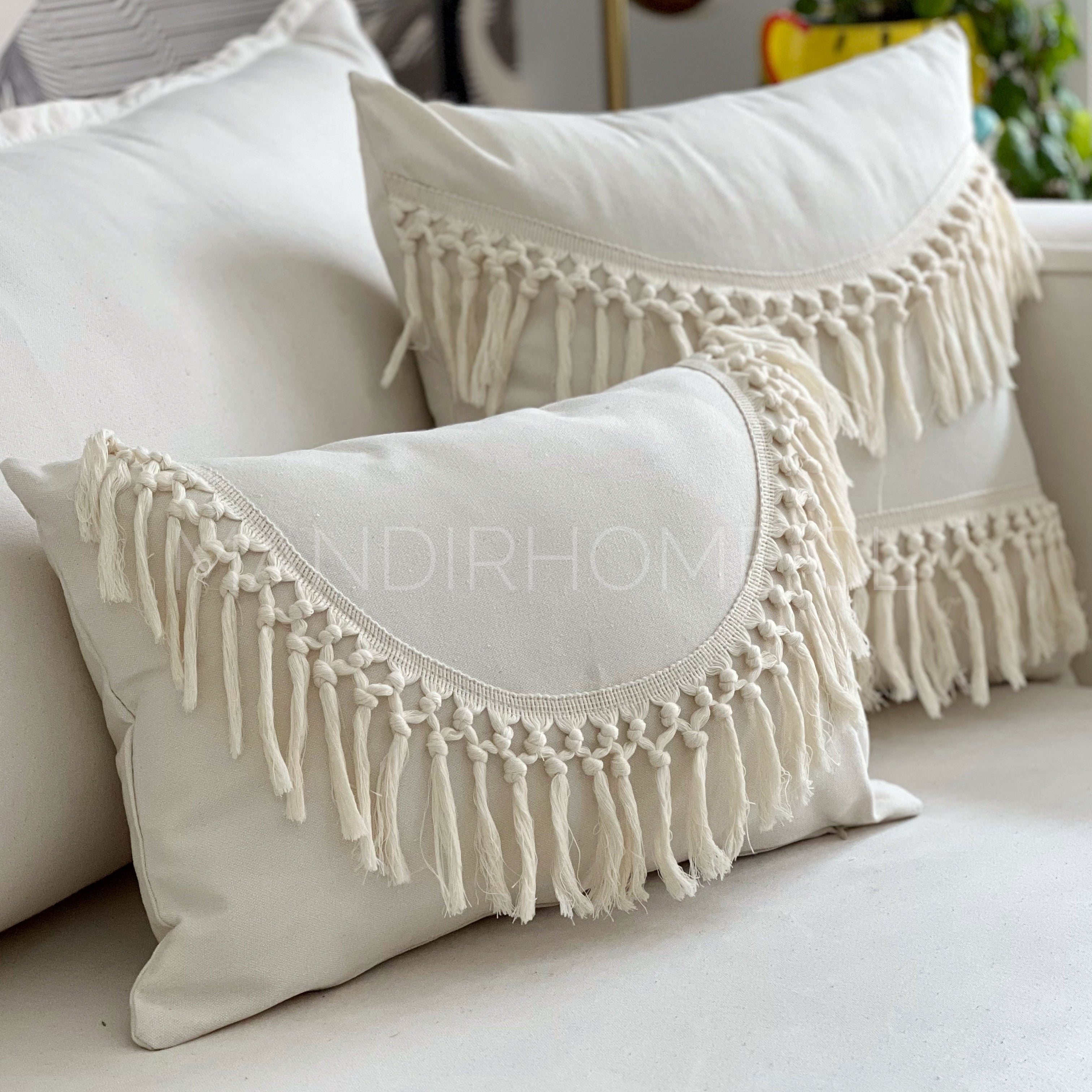 Funda Cojín Boho Tipo Macrame Crudo Curva Rectangular