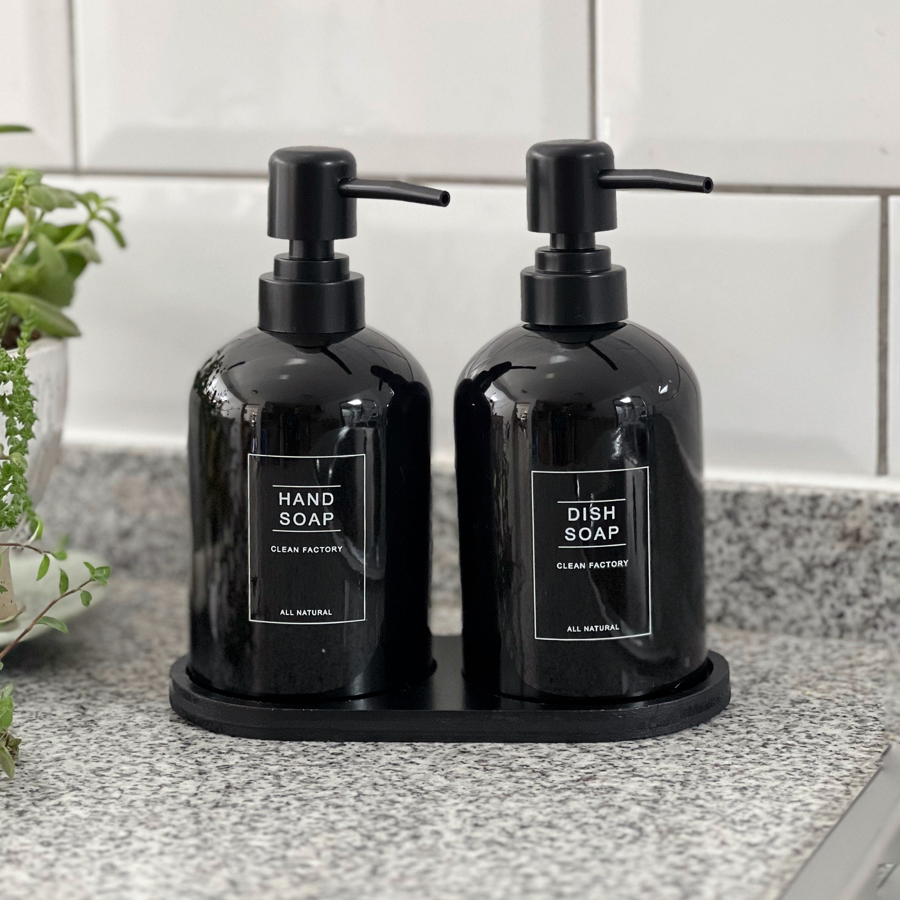 Set de Dispensadores Cocina · Lavaloza y Jabón Negro + Bandeja