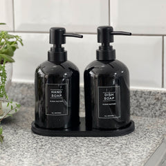 Set de Dispensadores Cocina · Lavaloza y Jabón Negro + Bandeja